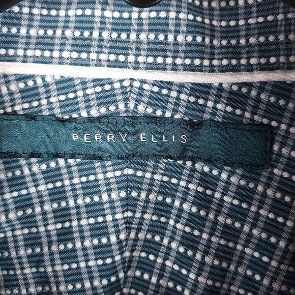 Perry Ellis M Cotton Check Button-Up Shirt Long Sleeve Casual Grid Pattern - Picture 4 of 9